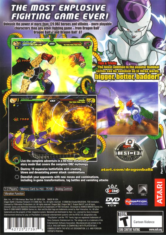 
Dragon Ball Z: Budokai Tenkaichi 2 | PlayStation 2 | back cover | Region: North America | source-country=Canada,United States | Data by MobyGames.com
