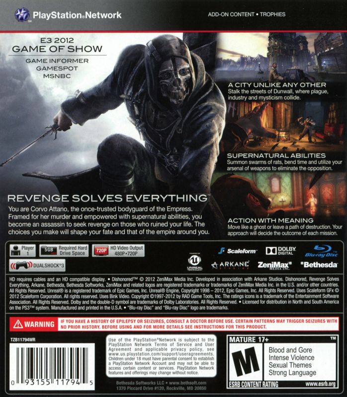 Dishonored | PlayStation 3 | back cover | Region: North America | source-country=United States | Data by MobyGames.com