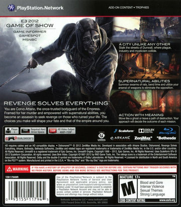 
Dishonored | PlayStation 3 | back cover | Region: North America | source-country=United States | Data by MobyGames.com
