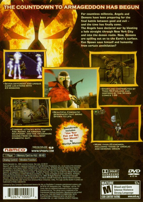
Spawn: Armageddon | PlayStation 2 | back cover | Region: North America | source-country=Canada,United States | Data by MobyGames.com