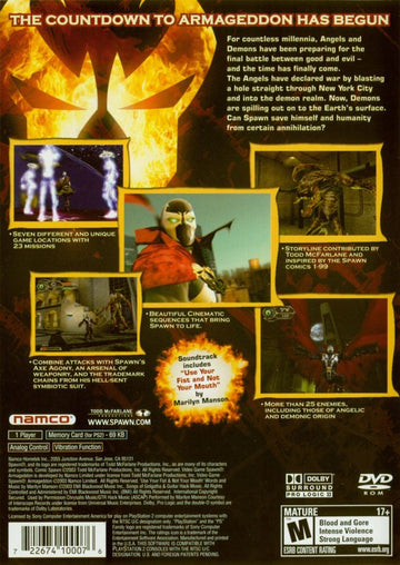 
Spawn: Armageddon | PlayStation 2 | back cover | Region: North America | source-country=Canada,United States | Data by MobyGames.com