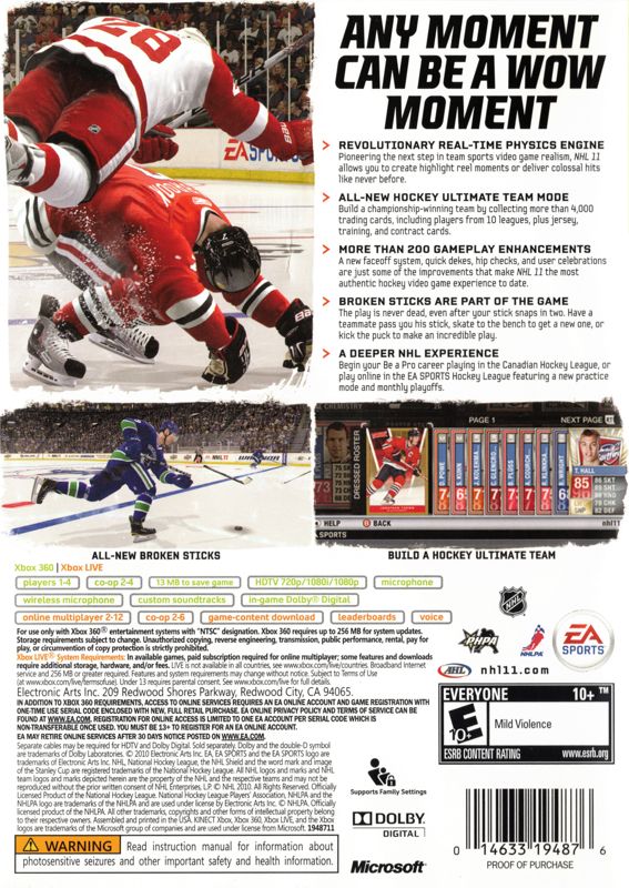 NHL 11 | Xbox 360 | back cover | region=North America | source-country=United States | zypher-v2 | moby-813d7f40dad2 | Data by MobyGames.com