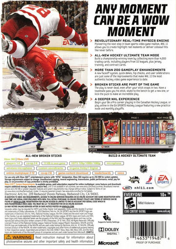 NHL 11 | Xbox 360 | back cover | region=North America | source-country=United States | zypher-v2 | moby-813d7f40dad2 | Data by MobyGames.com