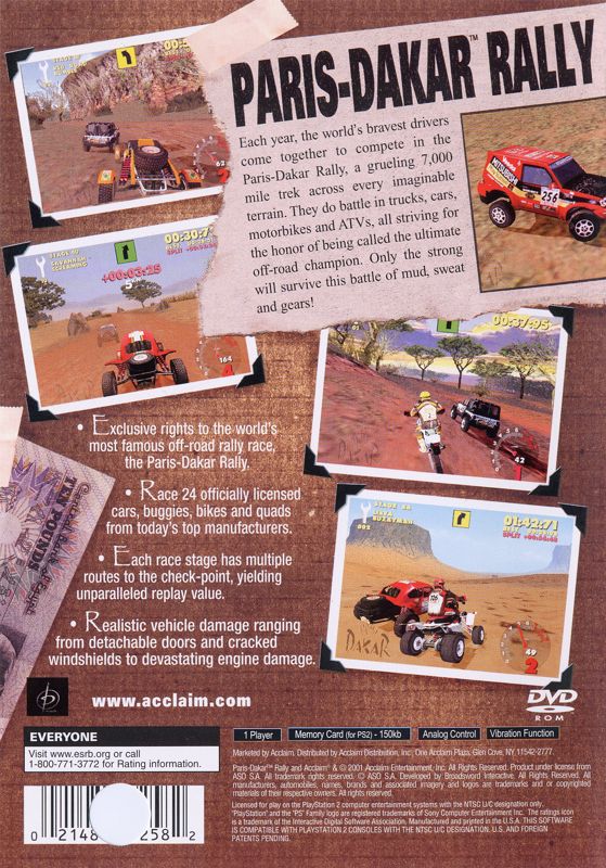 Paris-Dakar Rally | PlayStation 2 | back cover | region=North America | source-country=United States | zypher-v2 | moby-0596fdb5338e | Data by MobyGames.com