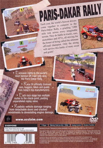Paris-Dakar Rally | PlayStation 2 | back cover | region=North America | source-country=United States | zypher-v2 | moby-0596fdb5338e | Data by MobyGames.com