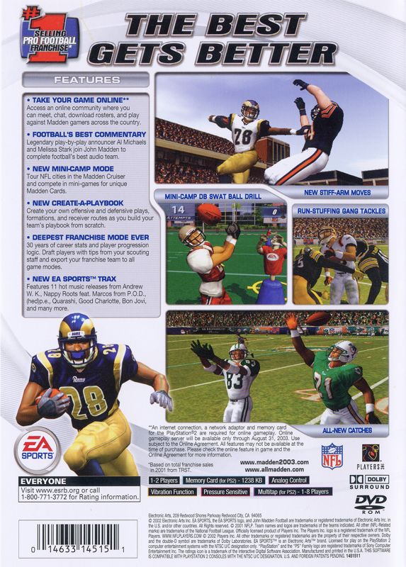 Madden NFL 2003 | PlayStation 2 | back cover | region=North America | source-country=Canada,United States | zypher-v2 | moby-28ff856876ab | Data by MobyGames.com