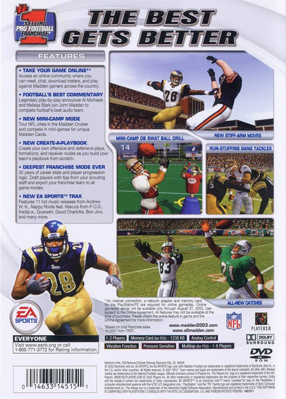 Madden NFL 2003 | PlayStation 2 | back cover | region=North America | source-country=Canada,United States | zypher-v2 | moby-28ff856876ab | Data by MobyGames.com