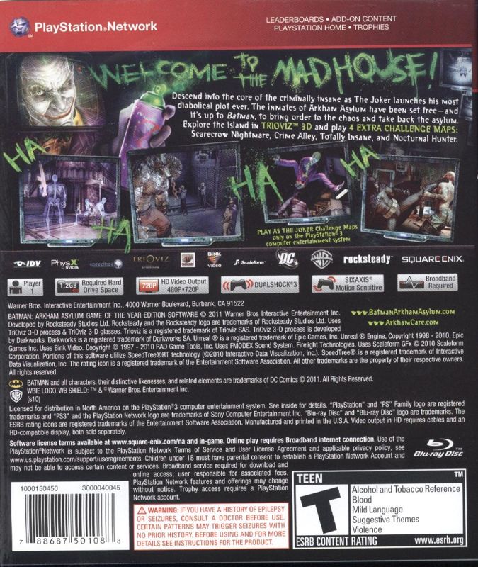 
Batman: Arkham Asylum - Game of the Year Edition | PlayStation 3 | back cover | Region: North America | source-country=United States | Data by MobyGames.com