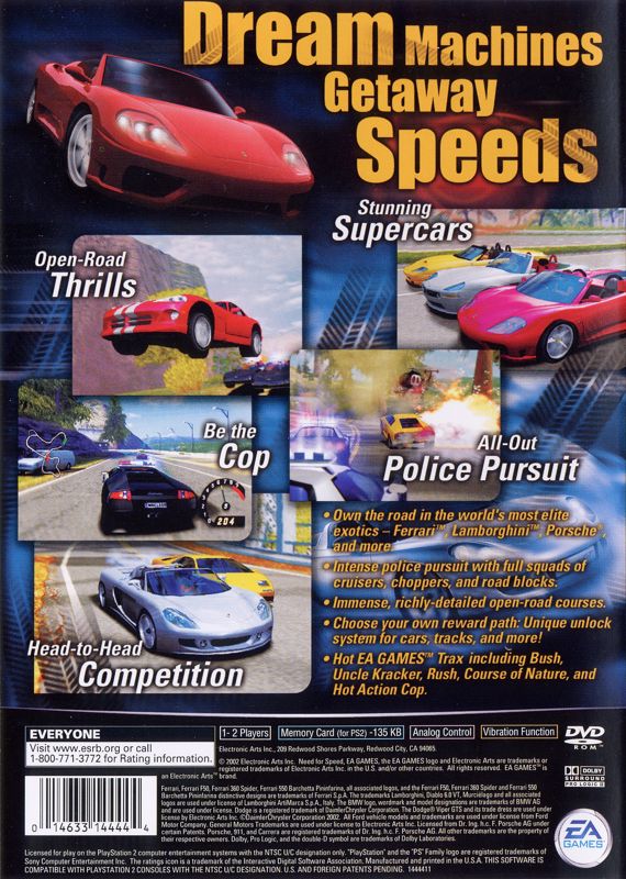 Need for Speed: Hot Pursuit 2 | PlayStation 2 | back cover | region=North America | source-country=United States | zypher-v2 | moby-86d605d019a0 | Data by MobyGames.com