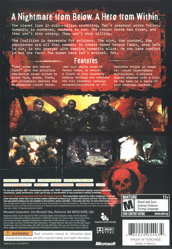 Gears of War | Xbox 360 | back cover | region=North America | source-country=United States | zypher-v2 | moby-7ffb9e96ac2a | Data by MobyGames.com