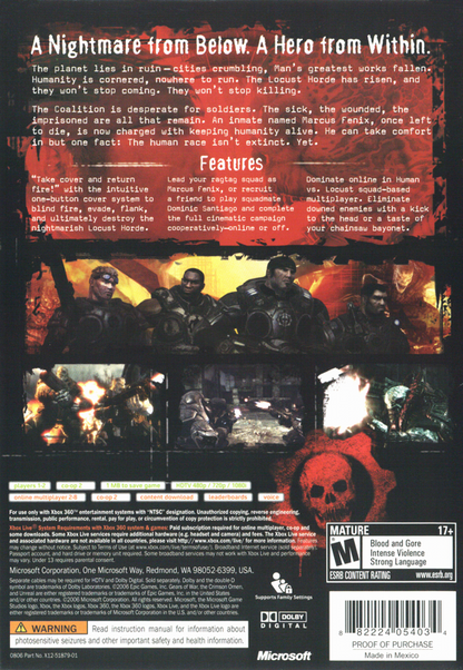 Gears of War | Xbox 360 | back cover | region=North America | source-country=United States | zypher-v2 | moby-7ffb9e96ac2a | Data by MobyGames.com