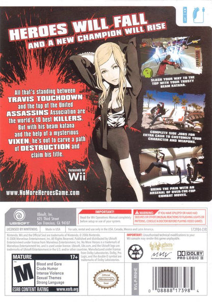 No More Heroes | Wii | back cover | region=North America | source-country=United States | zypher-v2 | moby-9aa1f3e7d108 | Data by MobyGames.com