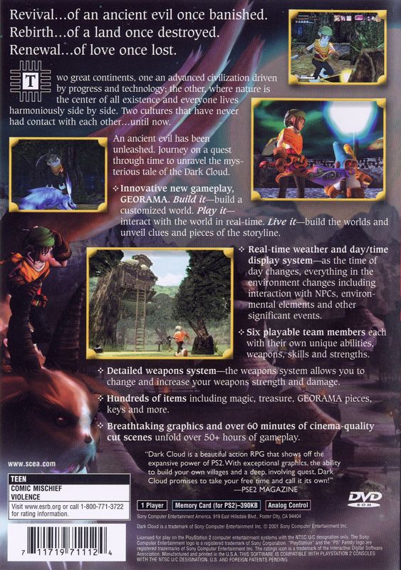 Dark Cloud | PlayStation 2 | back cover | Region: North America | source-country=Canada,United States | Data by MobyGames.com