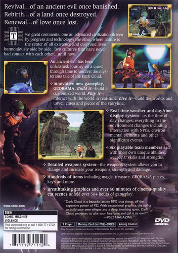 
Dark Cloud | PlayStation 2 | back cover | Region: North America | source-country=Canada,United States | Data by MobyGames.com