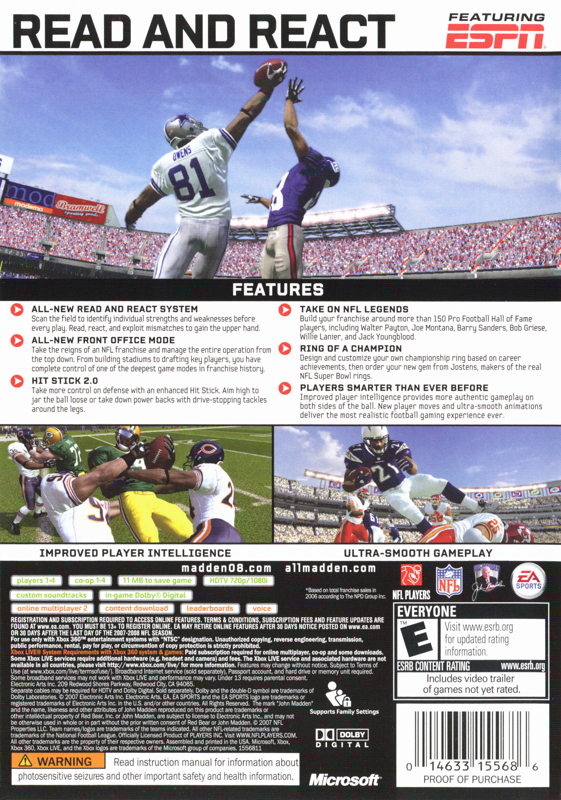 Madden NFL 08 | Xbox 360 | back cover | region=North America | source-country=United States | zypher-v2 | moby-957c784f7d5a | Data by MobyGames.com