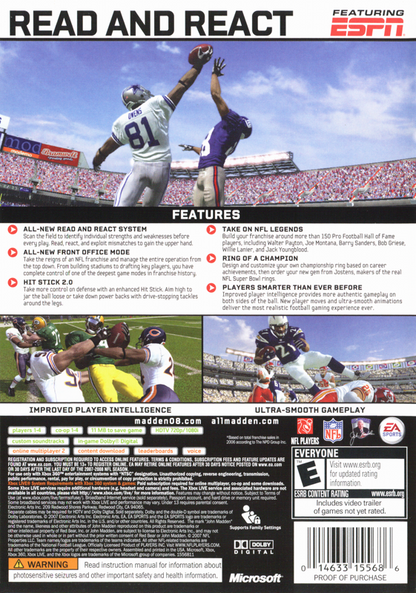 Madden NFL 08 | Xbox 360 | back cover | region=North America | source-country=United States | zypher-v2 | moby-957c784f7d5a | Data by MobyGames.com