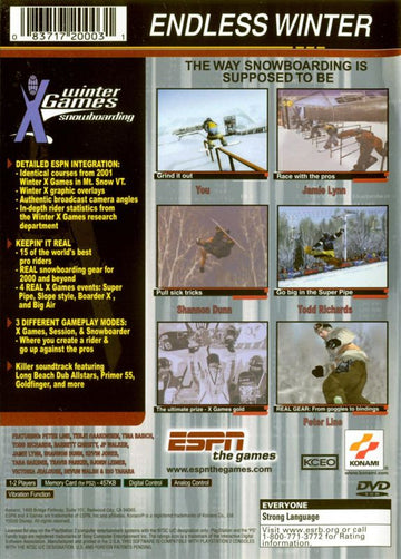 
ESPN Winter X Games Snowboarding | PlayStation 2 | back cover | Region: North America | source-country=United States | Data by MobyGames.com