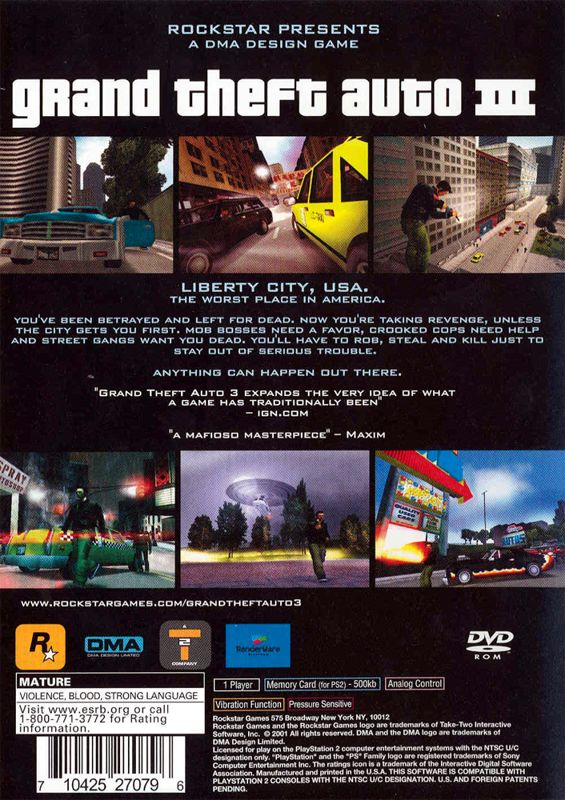 Grand Theft Auto III | PlayStation 2 | back cover | region=North America | source-country=Canada,United States | zypher-v2 | moby-c066b5cb7440 | Data by MobyGames.com