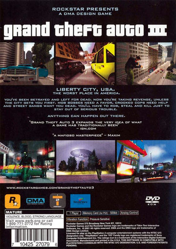 Grand Theft Auto III | PlayStation 2 | back cover | region=North America | source-country=Canada,United States | zypher-v2 | moby-c066b5cb7440 | Data by MobyGames.com