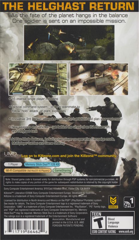 Killzone: Liberation | PSP | back cover | region=North America | source-country=United States | zypher-v2 | moby-fe5b0d8d87c7 | Data by MobyGames.com