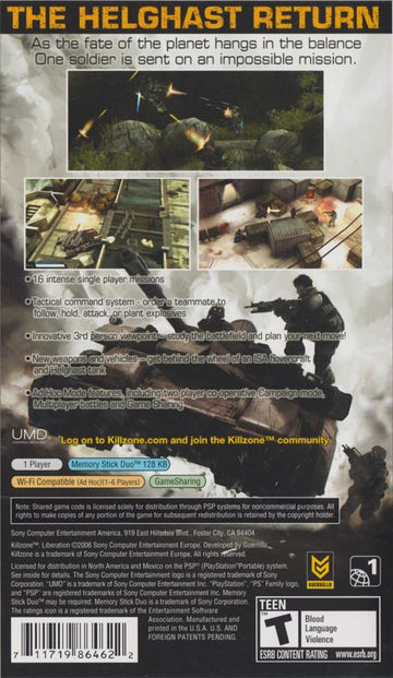 Killzone: Liberation | PSP | back cover | region=North America | source-country=United States | zypher-v2 | moby-fe5b0d8d87c7 | Data by MobyGames.com