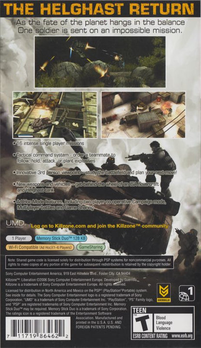 Killzone: Liberation | PSP | back cover | region=North America | source-country=United States | zypher-v2 | moby-fe5b0d8d87c7 | Data by MobyGames.com