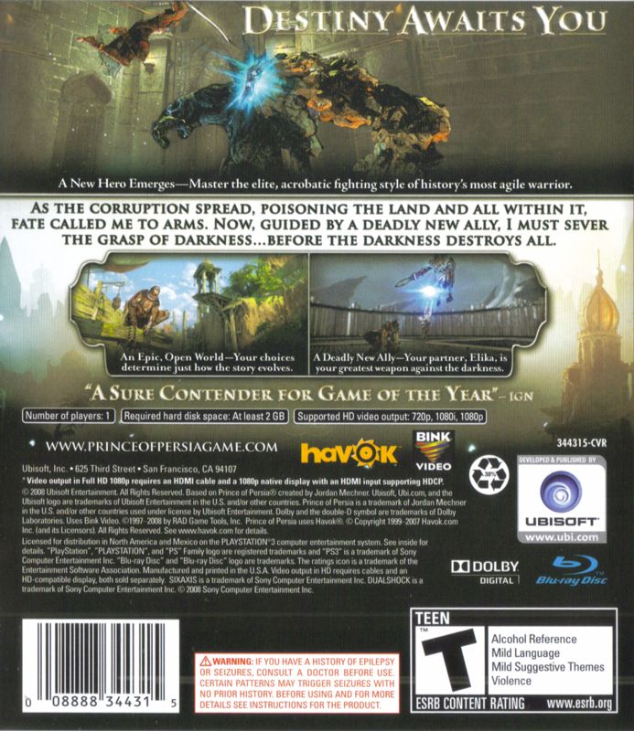 Prince of Persia | PlayStation 3 | back cover | Region: North America | source-country=Canada,Mexico,United States | Data by MobyGames.com