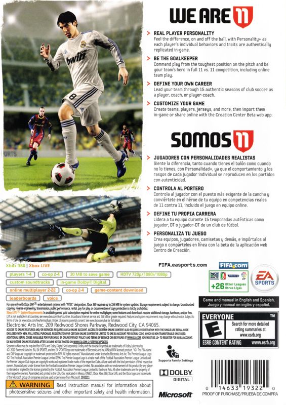 FIFA Soccer 11 | Xbox 360 | back cover | region=North America | source-country=United States | zypher-v2 | moby-6a4ffa35fbad | Data by MobyGames.com