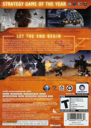 Tom Clancy's EndWar | Xbox 360 | back cover | region=North America | source-country=Canada,United States | zypher-v2 | moby-4407dd33c518 | Data by MobyGames.com