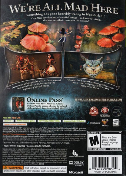Alice: Madness Returns | Xbox 360 | back cover | region=North America | source-country=United States | zypher-v2 | moby-7fd9d6848bfe | Data by MobyGames.com