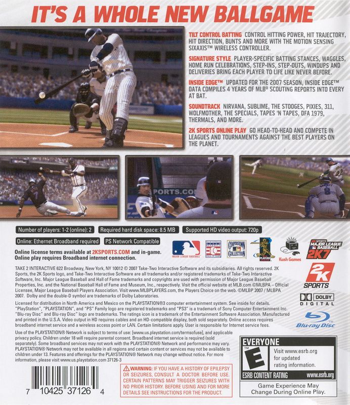 Major League Baseball 2K7 | PlayStation 3 | back cover | region=North America | source-country=Canada,Mexico,United States | zypher-v2 | moby-12904ca1807e | Data by MobyGames.com