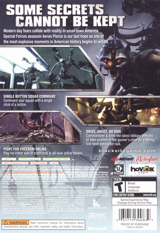 
BlackSite: Area 51 | Xbox 360 | back cover | Data by MobyGames.com
