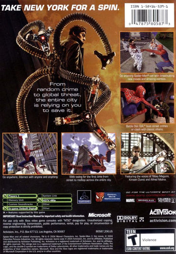 Spider-Man 2 | Xbox | back cover | region=North America | source-country=Canada,United States | zypher-v2 | moby-6e560c83da81 | Data by MobyGames.com