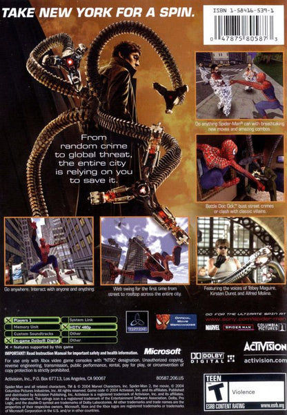 Spider-Man 2 | Xbox | back cover | region=North America | source-country=Canada,United States | zypher-v2 | moby-6e560c83da81 | Data by MobyGames.com