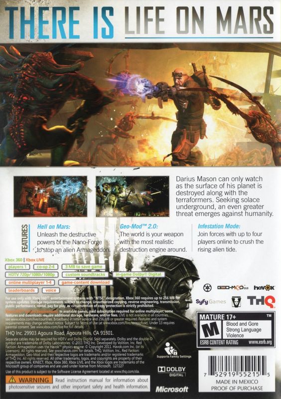 
Red Faction: Armageddon | Xbox 360 | back cover | Data by MobyGames.com