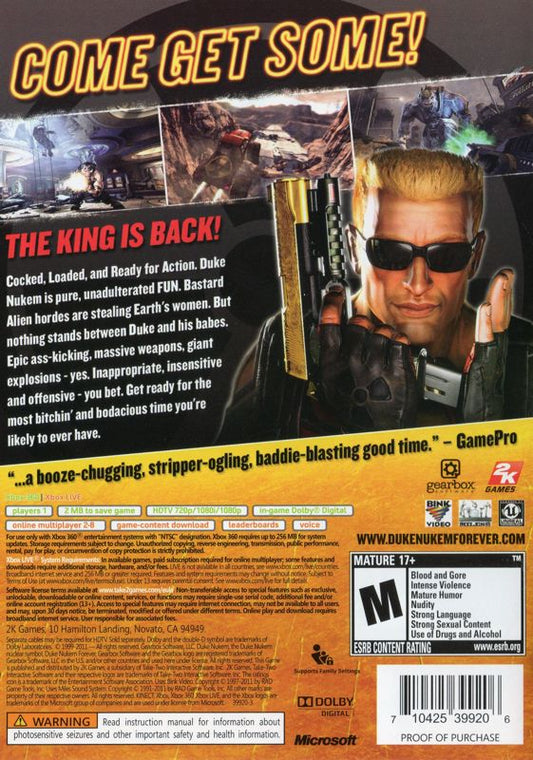 Duke Nukem Forever | Xbox 360 | back cover | region=North America | source-country=United States | zypher-v2 | moby-81c9b0a03ce4 | Data by MobyGames.com