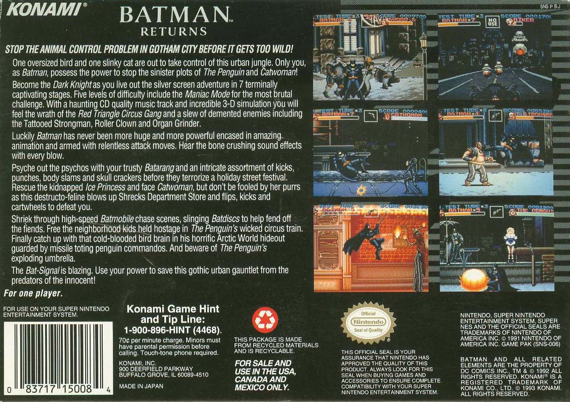 
Batman Returns | SNES | back cover | Data by MobyGames.com
