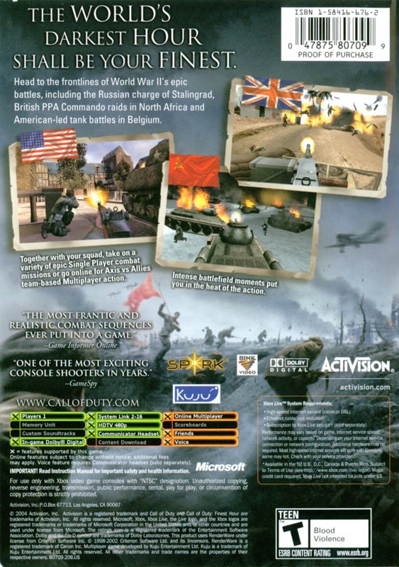 Call of Duty: Finest Hour | Xbox | back cover | region=North America | source-country=Canada,United States | zypher-v2 | moby-c70bd8c6d235 | Data by MobyGames.com