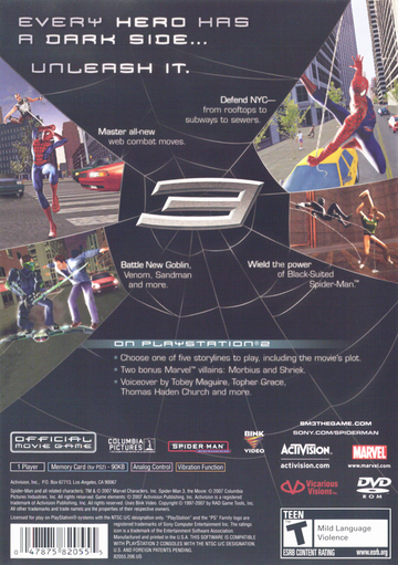 Spider-Man 3 | PlayStation 2 | back cover | region=North America | source-country=United States | zypher-v2 | moby-62e1ce2869c7 | Data by MobyGames.com