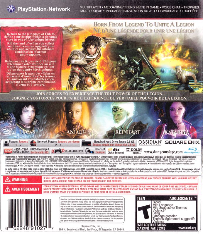 Dungeon Siege III | PlayStation 3 | back cover | Region: North America | source-country=Canada | Data by MobyGames.com