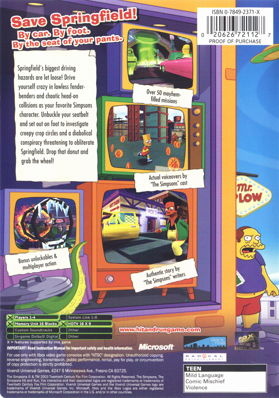 The Simpsons: Hit & Run | Xbox | back cover | region=North America | source-country=Canada,United States | zypher-v2 | moby-c1edca36f78b | Data by MobyGames.com