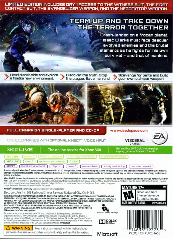 Dead Space 3: Limited Edition | Xbox 360 | back cover | region=North America | source-country=Canada,United States | zypher-v2 | moby-93706e50652c | Data by MobyGames.com