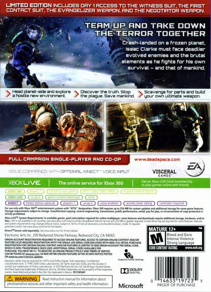 Dead Space 3: Limited Edition | Xbox 360 | back cover | region=North America | source-country=Canada,United States | zypher-v2 | moby-93706e50652c | Data by MobyGames.com