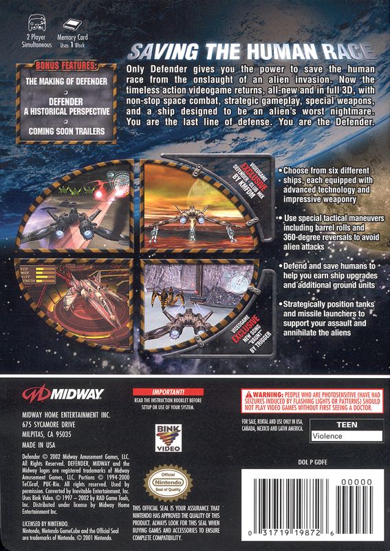 
Defender | GameCube | back cover | Data by MobyGames.com