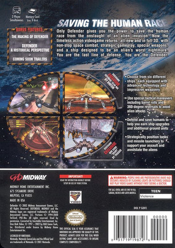 
Defender | GameCube | back cover | Data by MobyGames.com