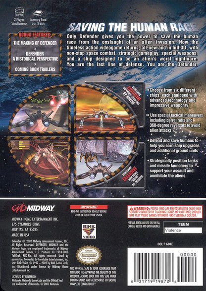 
Defender | GameCube | back cover | Data by MobyGames.com