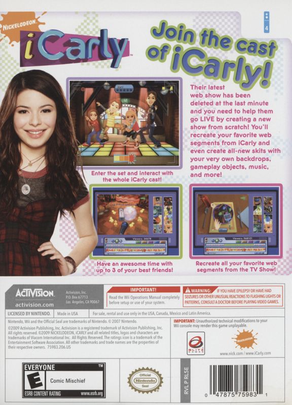 iCarly | Wii | back cover | region=North America | source-country=Canada,Mexico,Other,United States | zypher-v2 | moby-1cd512e81672 | Data by MobyGames.com