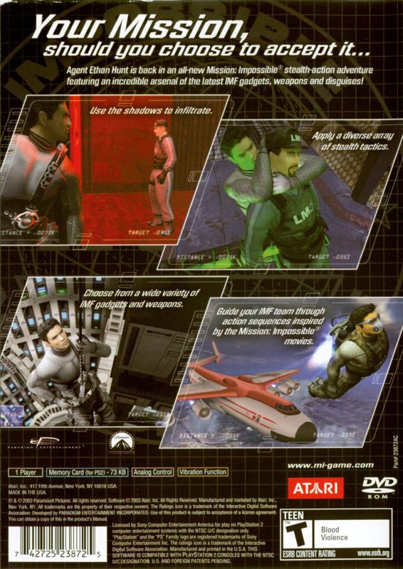 
Mission: Impossible - Operation Surma | PlayStation 2 | back cover | Region: North America | source-country=Canada,United States | Data by MobyGames.com