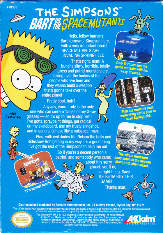 
The Simpsons: Bart vs. the Space Mutants | NES | back cover | Data by MobyGames.com
