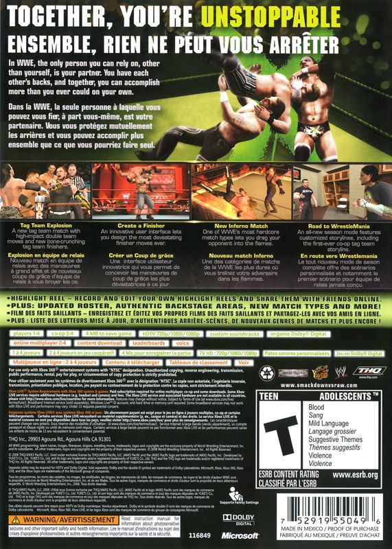 WWE Smackdown vs. Raw 2009 | Xbox 360 | back cover | region=North America | source-country=Canada,United States | zypher-v2 | moby-924be72af73b | Data by MobyGames.com